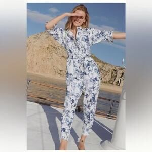 Anthropologie Blue & White Floral Lucienne Belted Long Sleeve Jumpsuit 4p